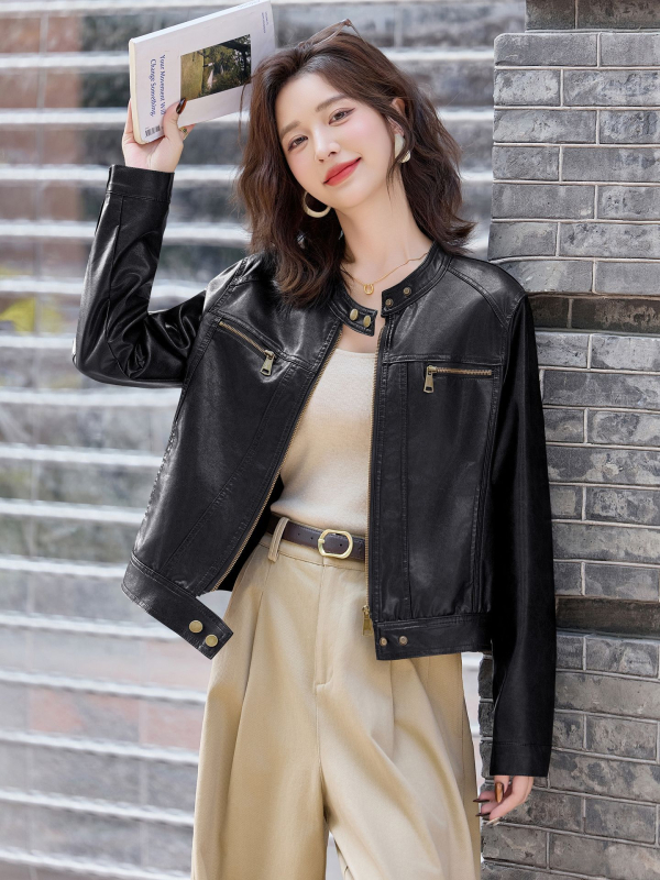 Női bőrkabát - PU bőr, kerek nyakú gallér, lecsúszott vállú hosszú ujjú, cipzár, mindennapi stílus