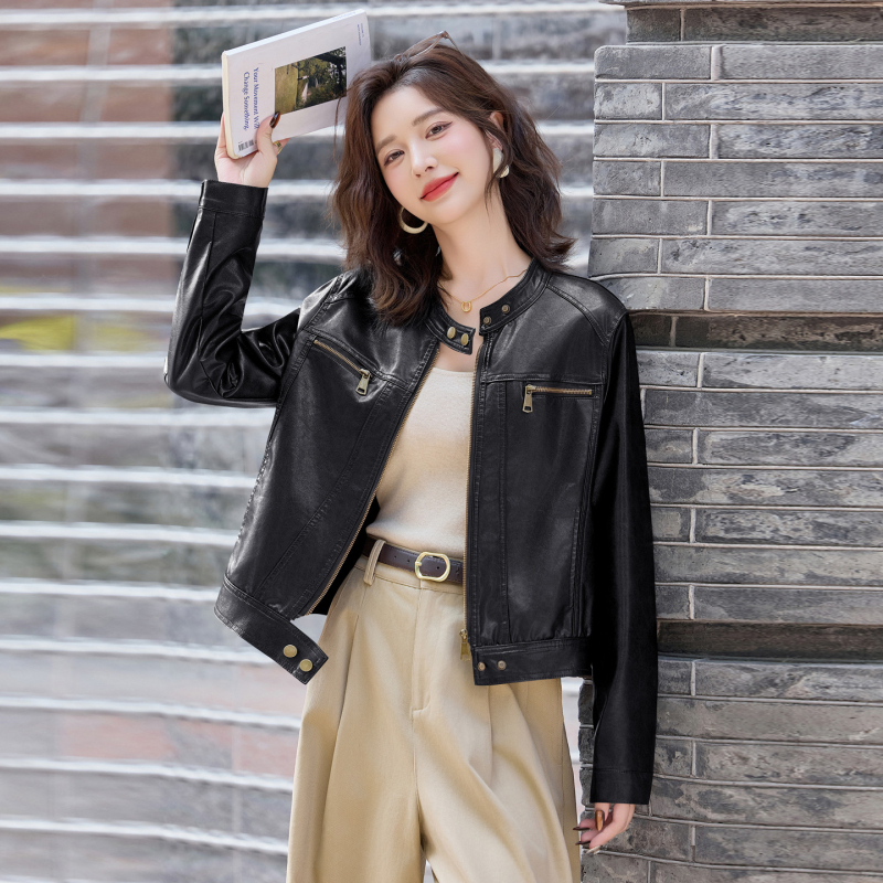 Női bőrkabát - PU bőr, kerek nyakú gallér, lecsúszott vállú hosszú ujjú, cipzár, mindennapi stílus