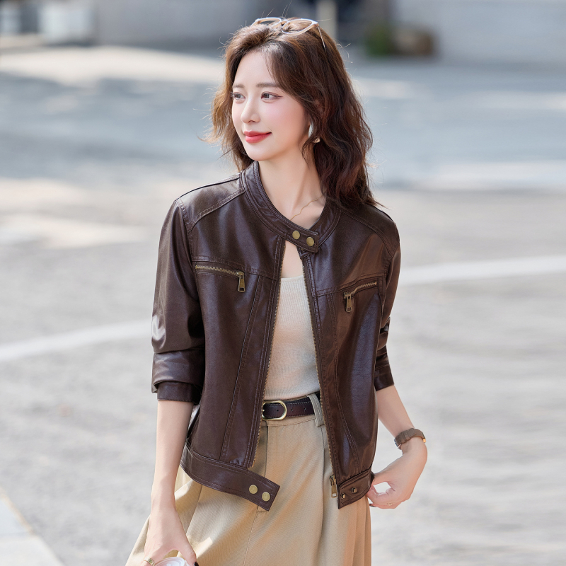 Női bőrkabát - PU bőr, kerek nyakú gallér, lecsúszott vállú hosszú ujjú, cipzár, mindennapi stílus