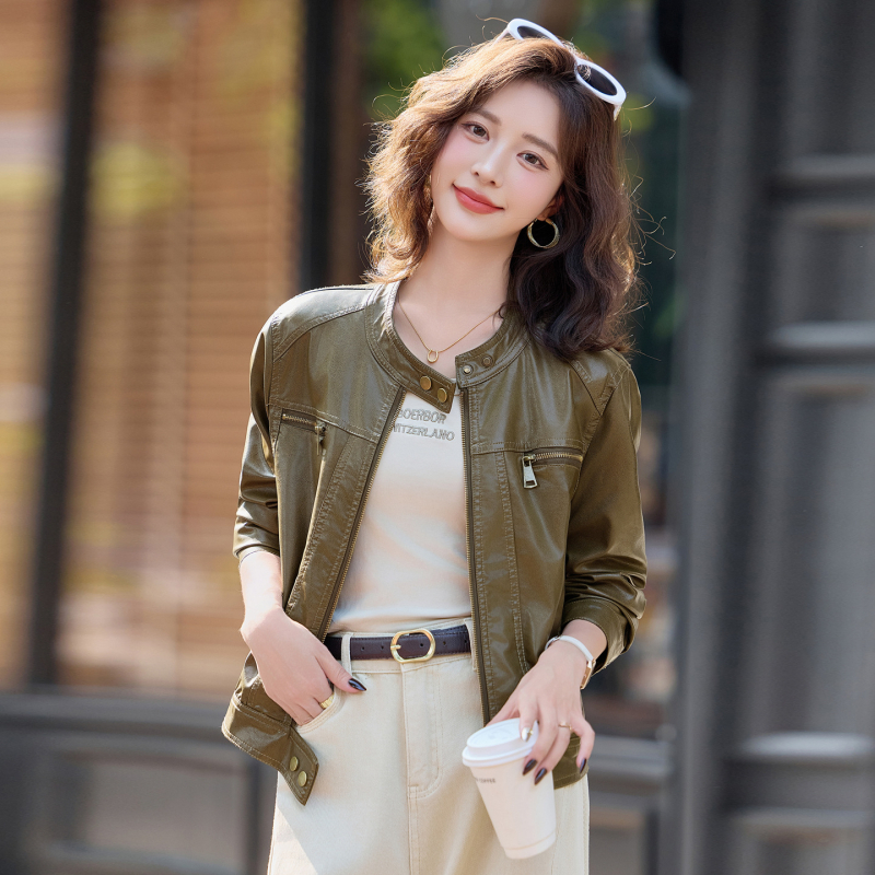 Női bőrkabát - PU bőr, kerek nyakú gallér, lecsúszott vállú hosszú ujjú, cipzár, mindennapi stílus