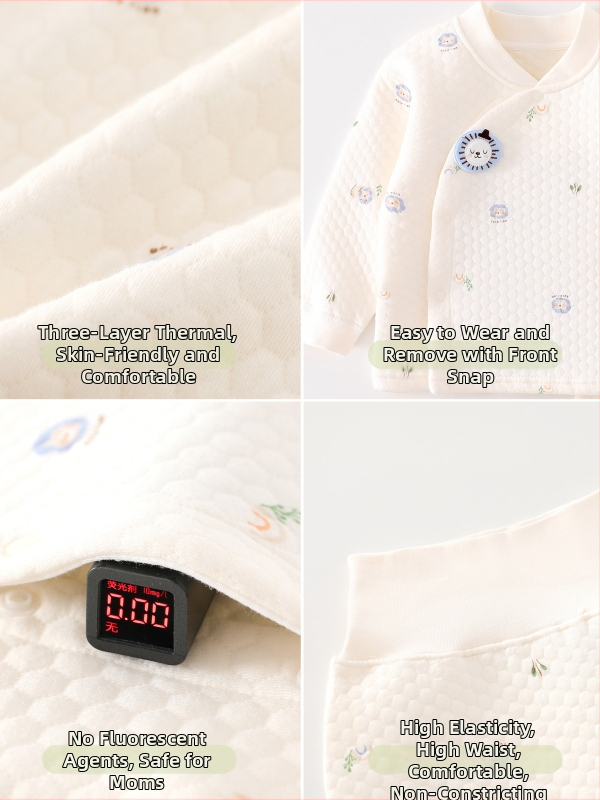 Dviejų dalių medvilninis termo komplektas kūdikiams žiemai, unisex, V formos kaklo, animacinis raštas, švelniai apdorotas audinys