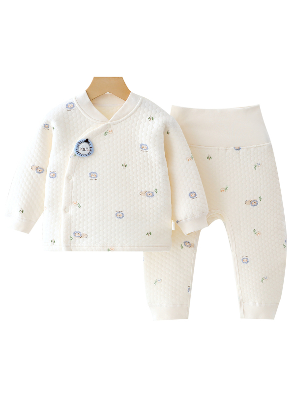 Dviejų dalių medvilninis termo komplektas kūdikiams žiemai, unisex, V formos kaklo, animacinis raštas, švelniai apdorotas audinys