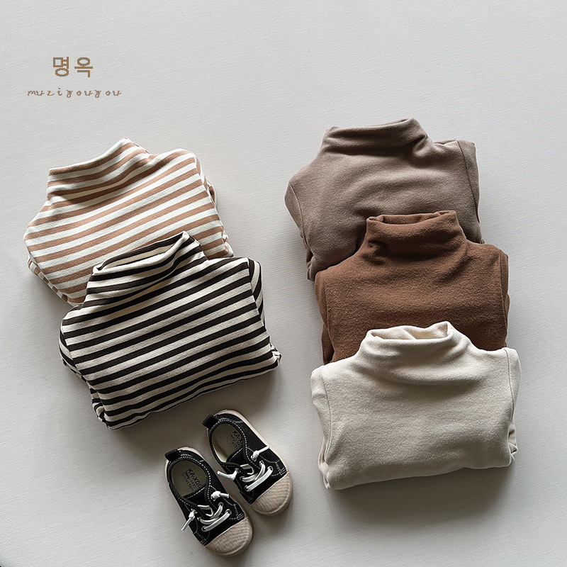 Παιδικό βασικό πουκάμισο με φλίς επένδυση, κορεάτικου στυλ, ψηλή λαιμόκοψη, μακρυμάνικο, χειμώνας, πολυεστέρας 95%