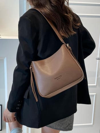 Geantă PU Tote, formă verticală pătrată, închidere cu fermoar, buzunar intern ascuns cu fermoar, curea umăr unică, Toamnă 2025