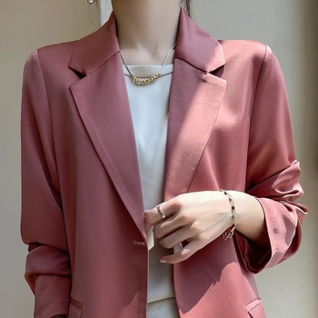 Женско сако за костюм, тънък модел, ацетат сатен плат, 3D ефект, костюмска яка, дълги ръкави, едно копче, пролет-лято 2025