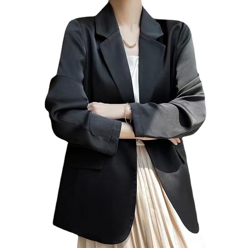 Женско сако за костюм, тънък модел, ацетат сатен плат, 3D ефект, костюмска яка, дълги ръкави, едно копче, пролет-лято 2025