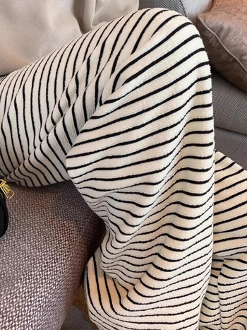 Ženske prugaste casual hlače za jesen-zimu, visok postav s elastičnim pojasom, opušteno padajuće, široke nogavice, ravni kroj, debeli poliester s elastanom