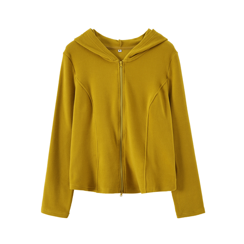 Kapucnis cipzáros kardigán; kétoldalas velúr; viszkóz-akril keverék; téli 2025; japán-koreai lazább stílus.