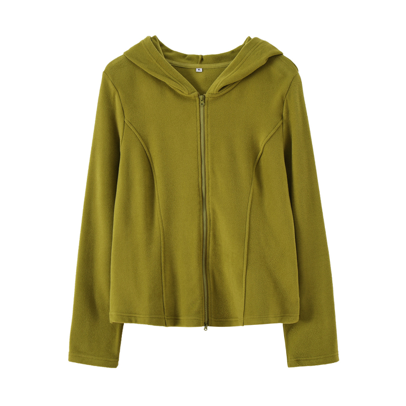 Kapucnis cipzáros kardigán; kétoldalas velúr; viszkóz-akril keverék; téli 2025; japán-koreai lazább stílus.