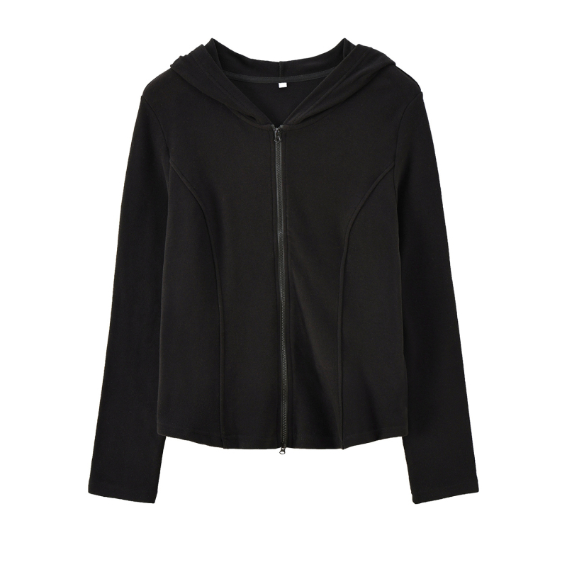 Kapucnis cipzáros kardigán; kétoldalas velúr; viszkóz-akril keverék; téli 2025; japán-koreai lazább stílus.