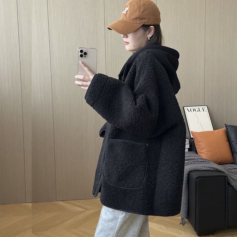 Ženska jakna s kapuljačom, udoban slobodan kroj, korejskog stila casual, jednobojna, punjena poliestrom, zima 2025
