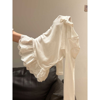 Tricou cu inserție de dantelă, țesătură Derong, mâneci lungi, guler rotund, croială lejeră