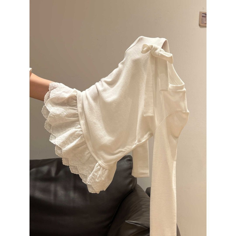 Tricou cu inserție de dantelă, țesătură Derong, mâneci lungi, guler rotund, croială lejeră