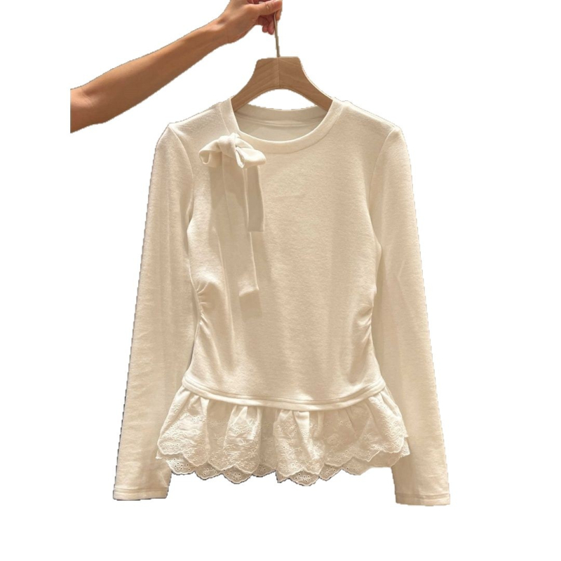 Tricou cu inserție de dantelă, țesătură Derong, mâneci lungi, guler rotund, croială lejeră