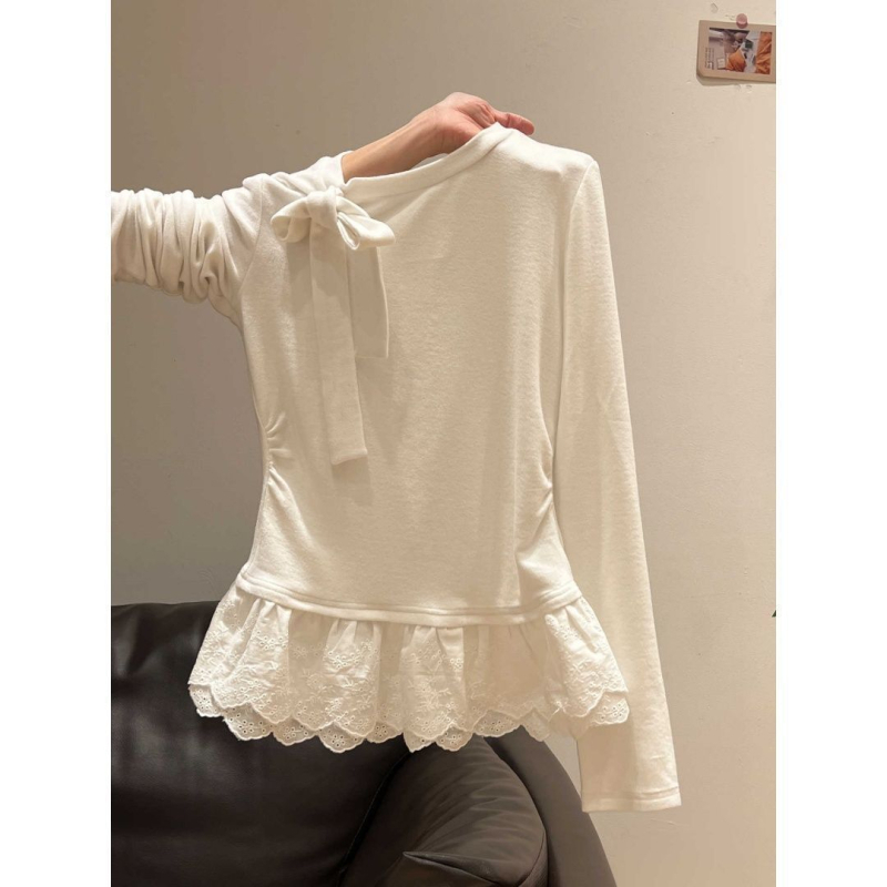 Tricou cu inserție de dantelă, țesătură Derong, mâneci lungi, guler rotund, croială lejeră