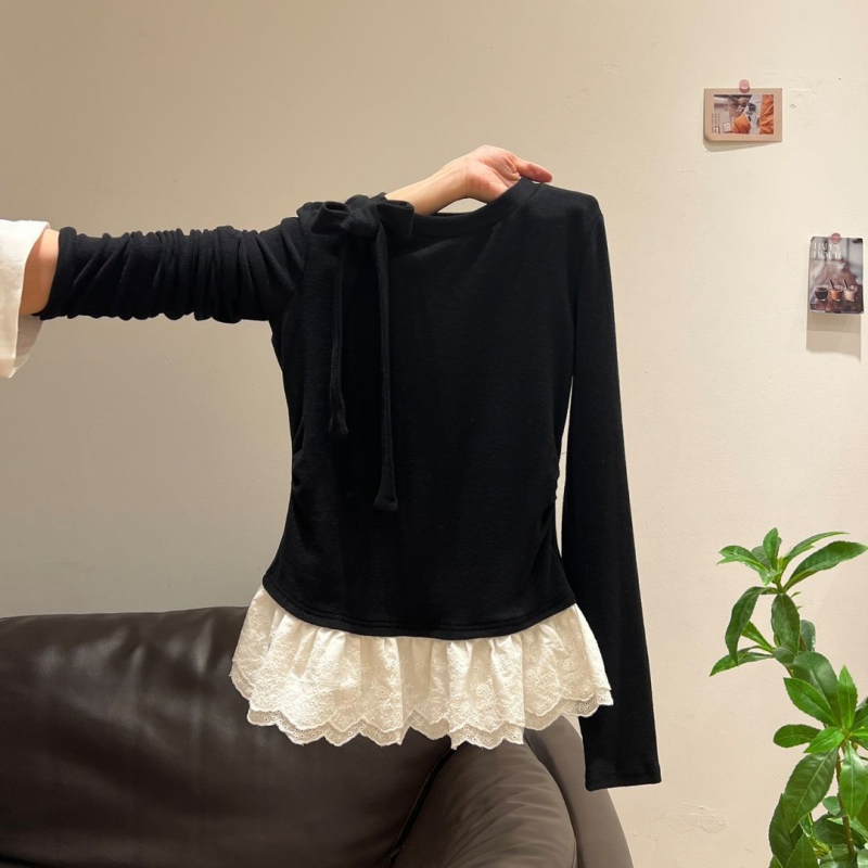 Tricou cu inserție de dantelă, țesătură Derong, mâneci lungi, guler rotund, croială lejeră