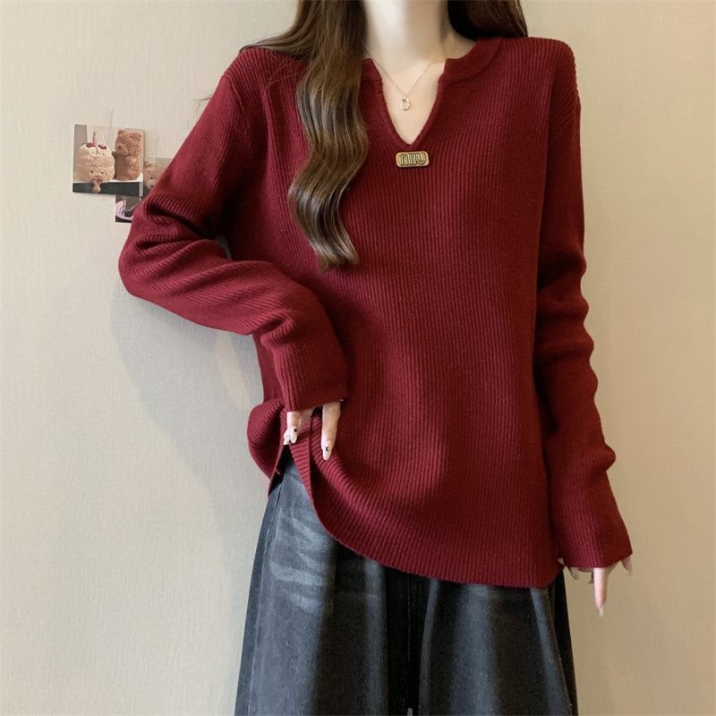 Пуловер с дълги ръкави - дълбока V-образна яка - свободен силует - полиестрова тъкан - едноцветен