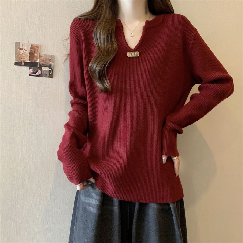 Пуловер с дълги ръкави - дълбока V-образна яка - свободен силует - полиестрова тъкан - едноцветен