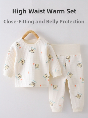 Laste kolmekihiline soe aluspesu komplekt, kõrge vöökoht kõhu kaitseks, 100% puuvill, unisex, sügis-talv.