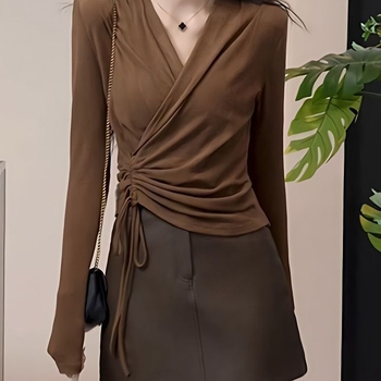 Top s V izrezom, plus size, dugim rukavima, ženama, križni dizajn, jesen 2025, opuštena silueta, bazni gornji dio