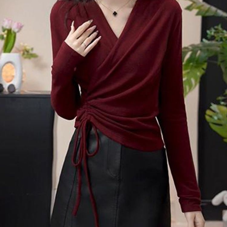 Top s V izrezom, plus size, dugim rukavima, ženama, križni dizajn, jesen 2025, opuštena silueta, bazni gornji dio