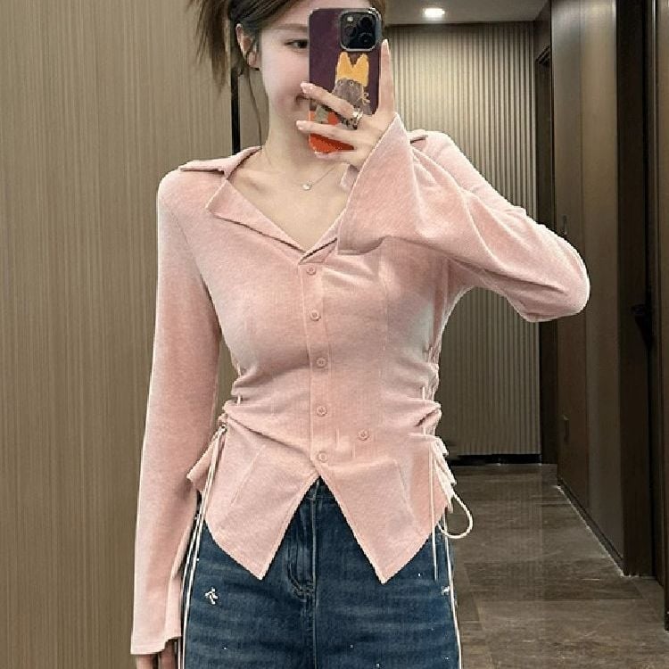 Knit top s ovratnikom, rebrasta tekstura, dugi rukavi, Derong tkanina, kolage detalji, jesen 2025