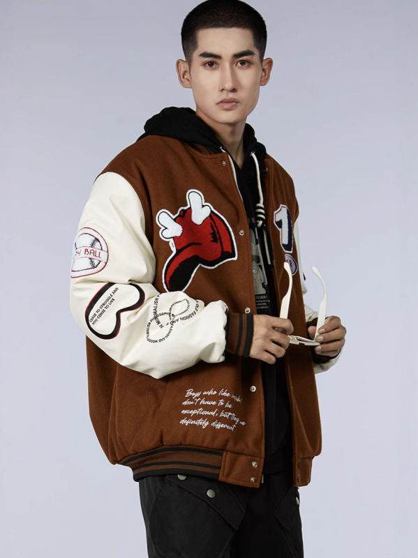 Meeste villane beisbolimantel pakse isoleerimisega, stand-up krae, ühe riviga sulgumine, džakardõmblus ja applikaatsioon