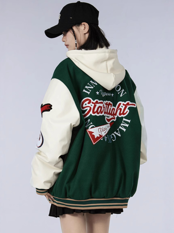 Meeste villane beisbolimantel pakse isoleerimisega, stand-up krae, ühe riviga sulgumine, džakardõmblus ja applikaatsioon