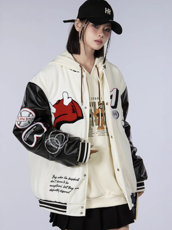 Meeste villane beisbolimantel pakse isoleerimisega, stand-up krae, ühe riviga sulgumine, džakardõmblus ja applikaatsioon