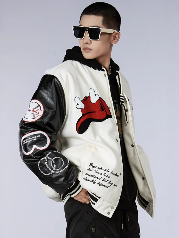 Meeste villane beisbolimantel pakse isoleerimisega, stand-up krae, ühe riviga sulgumine, džakardõmblus ja applikaatsioon