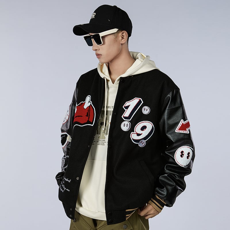 Meeste villane beisbolimantel pakse isoleerimisega, stand-up krae, ühe riviga sulgumine, džakardõmblus ja applikaatsioon