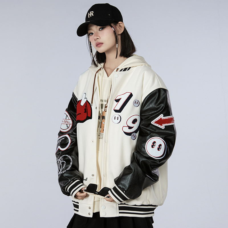 Meeste villane beisbolimantel pakse isoleerimisega, stand-up krae, ühe riviga sulgumine, džakardõmblus ja applikaatsioon