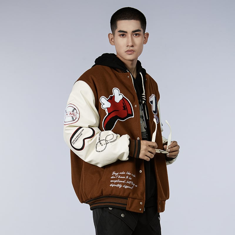 Meeste villane beisbolimantel pakse isoleerimisega, stand-up krae, ühe riviga sulgumine, džakardõmblus ja applikaatsioon