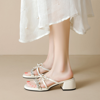 Sieviešu sandales ar loku un kristālu akcentiem, biezs papēdis, kvadrātveida purns, PU augšdaļa