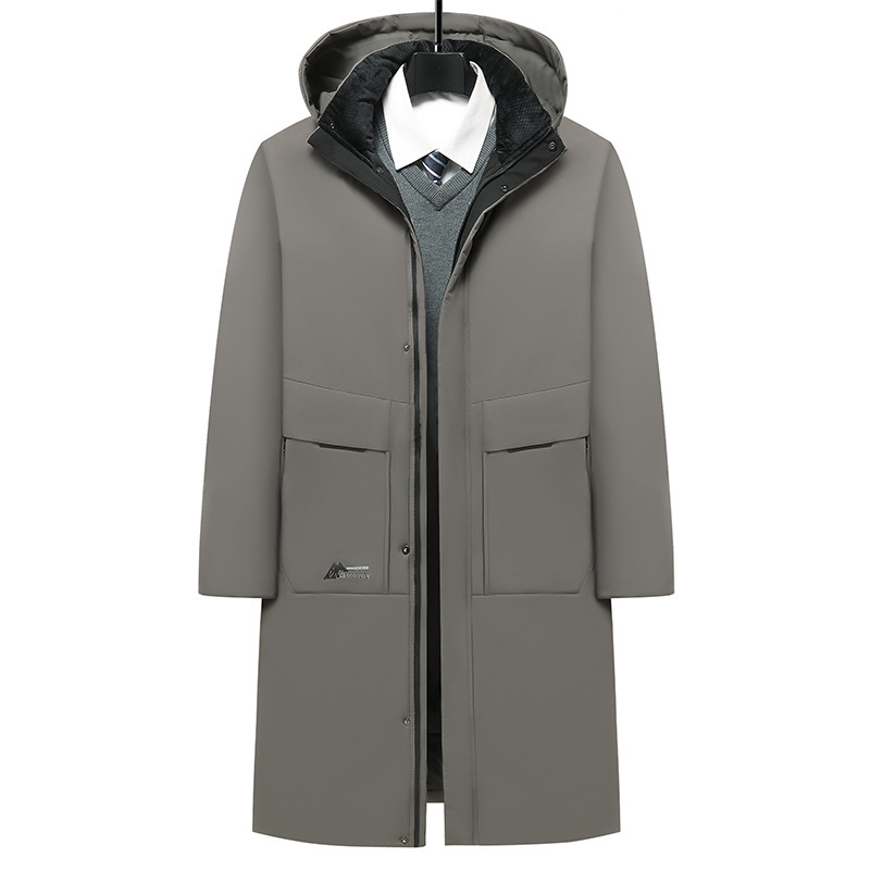 Pánska zimná bunda s polyesterovou výplňou, dĺžka po kolená, voľný strih, kapucňa, zips, odnímateľný golier