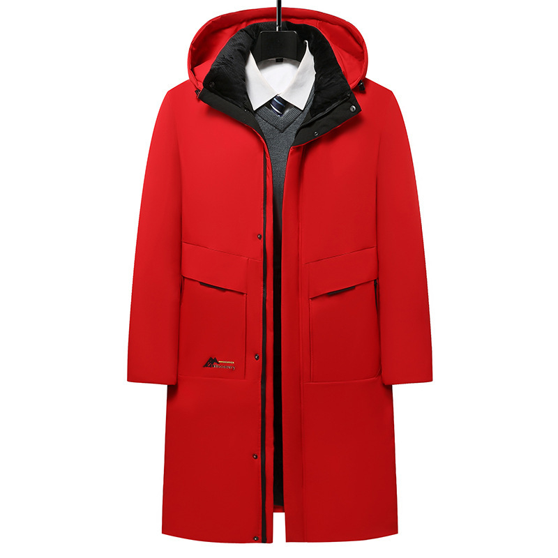 Pánska zimná bunda s polyesterovou výplňou, dĺžka po kolená, voľný strih, kapucňa, zips, odnímateľný golier