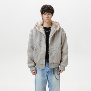 Pánska bavlnená bunda s fleecovou podšívkou, kapucňa a zipsom, vintage štýl, voľný strih, na zimu