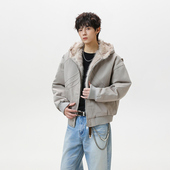 Pánska bavlnená bunda s fleecovou podšívkou, kapucňa a zipsom, vintage štýl, voľný strih, na zimu