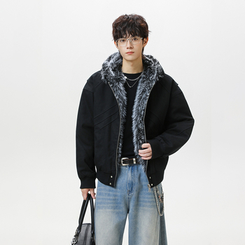 Pánska bavlnená bunda s fleecovou podšívkou, kapucňa a zipsom, vintage štýl, voľný strih, na zimu