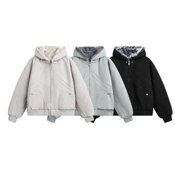 Pánska bavlnená bunda s fleecovou podšívkou, kapucňa a zipsom, vintage štýl, voľný strih, na zimu