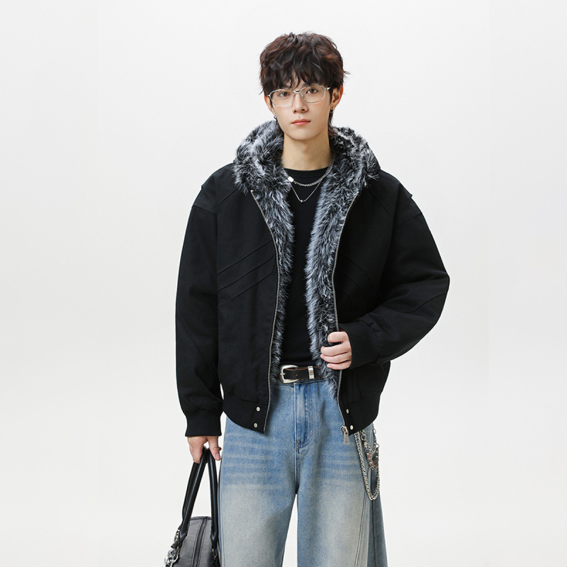 Pánska bavlnená bunda s fleecovou podšívkou, kapucňa a zipsom, vintage štýl, voľný strih, na zimu