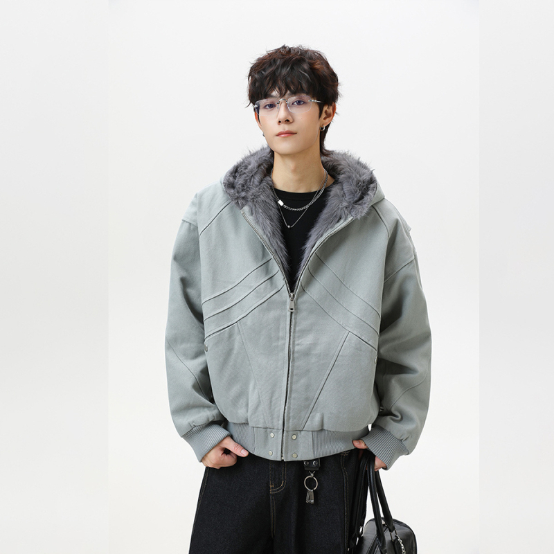 Pánska bavlnená bunda s fleecovou podšívkou, kapucňa a zipsom, vintage štýl, voľný strih, na zimu