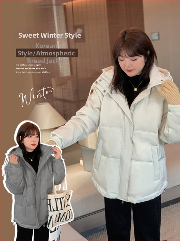 Kapucnis vastag, laza szabású kabát japán-koreai stílusban, középmagas hossz, cipzár, Duole Cotton anyag poliészter-pamut töltettel, női