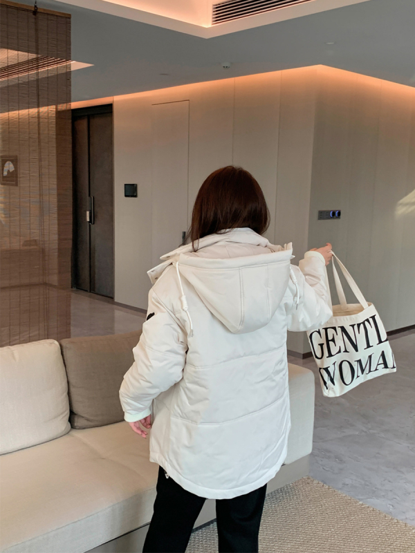 Kapucnis vastag, laza szabású kabát japán-koreai stílusban, középmagas hossz, cipzár, Duole Cotton anyag poliészter-pamut töltettel, női