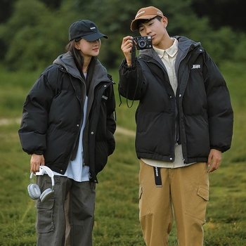 Voľno-strihový bavlnený kabát s kapucňou, zips vpredu, hrubá bavlnená výplň, potlač