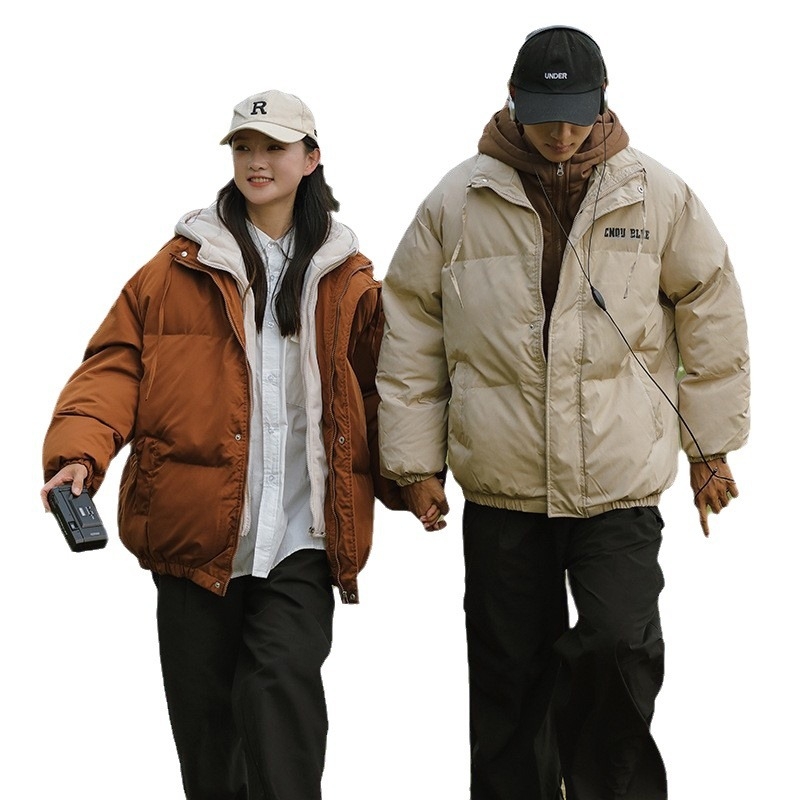 Voľno-strihový bavlnený kabát s kapucňou, zips vpredu, hrubá bavlnená výplň, potlač