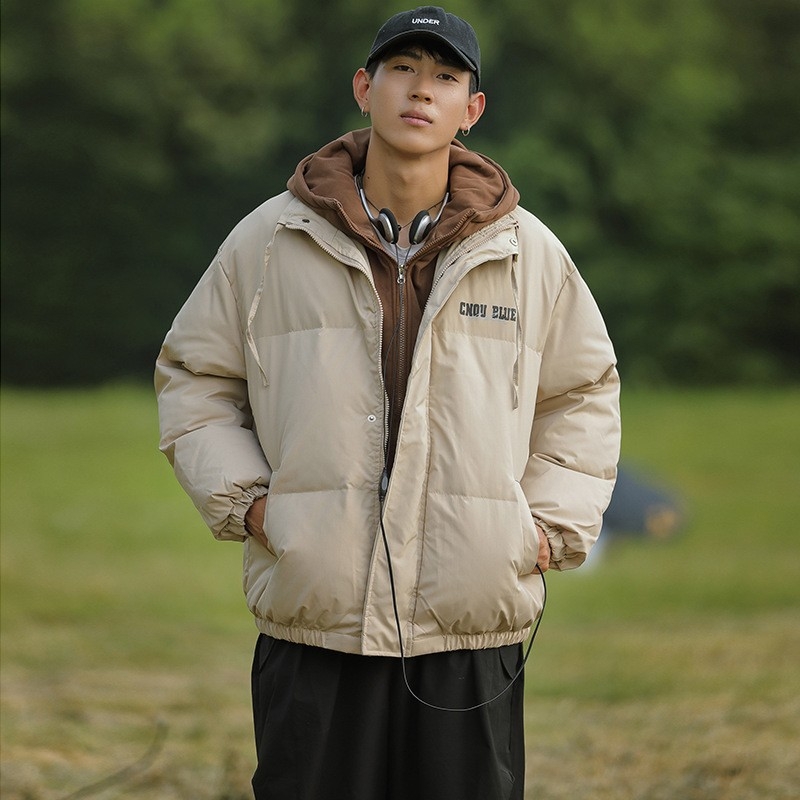 Voľno-strihový bavlnený kabát s kapucňou, zips vpredu, hrubá bavlnená výplň, potlač