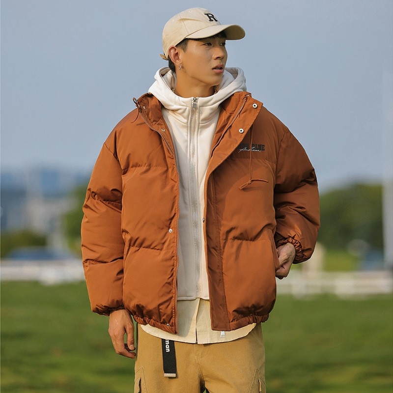 Voľno-strihový bavlnený kabát s kapucňou, zips vpredu, hrubá bavlnená výplň, potlač