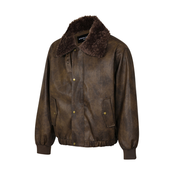 R9860 PU odinė striukė su užtrauktuku, apykaklė su reveru, laisvas kirpimas, šoninės siūlės kišenės