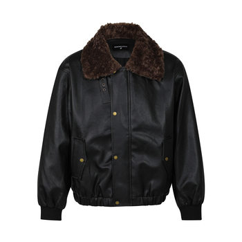 R9860 PU odinė striukė su užtrauktuku, apykaklė su reveru, laisvas kirpimas, šoninės siūlės kišenės